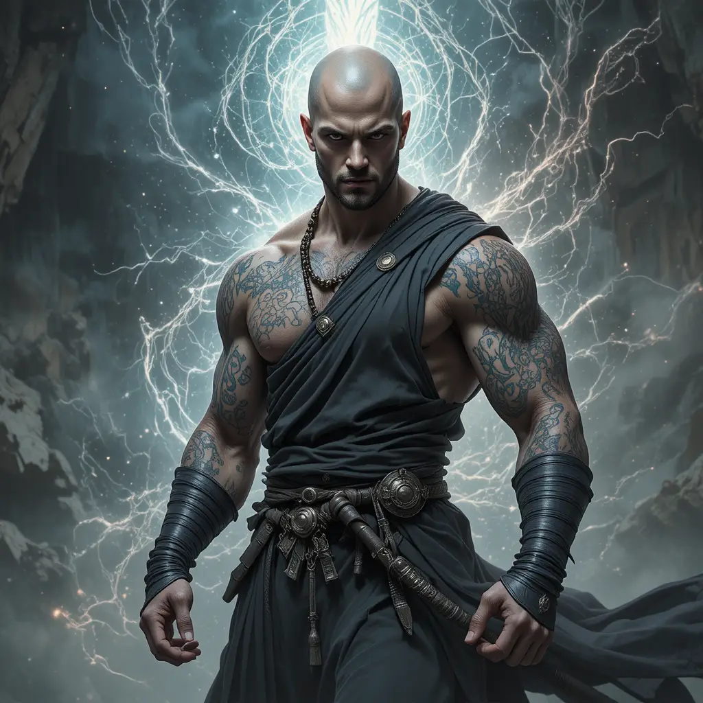 Stoic fantasy monk with astral projection and arcane tattoos