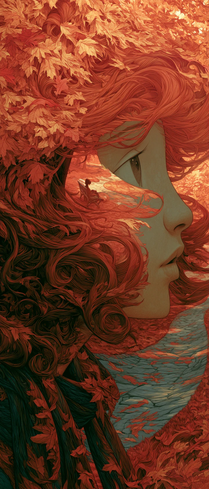 Anime illusion of a girl blended with an autumn park