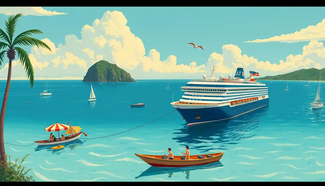 Colorata illustrazione grafica di una vacanza estiva in crociera