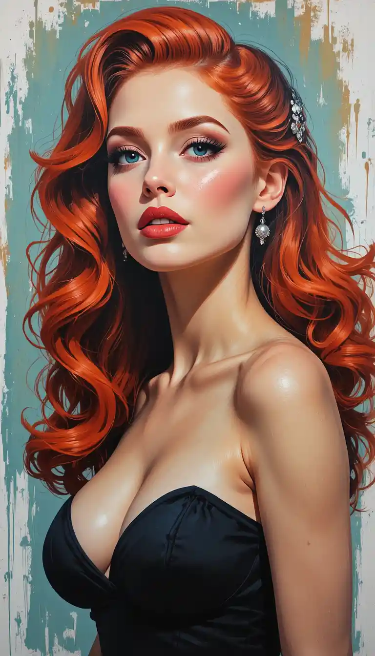 Red haired woman full figure oil painting pin up style