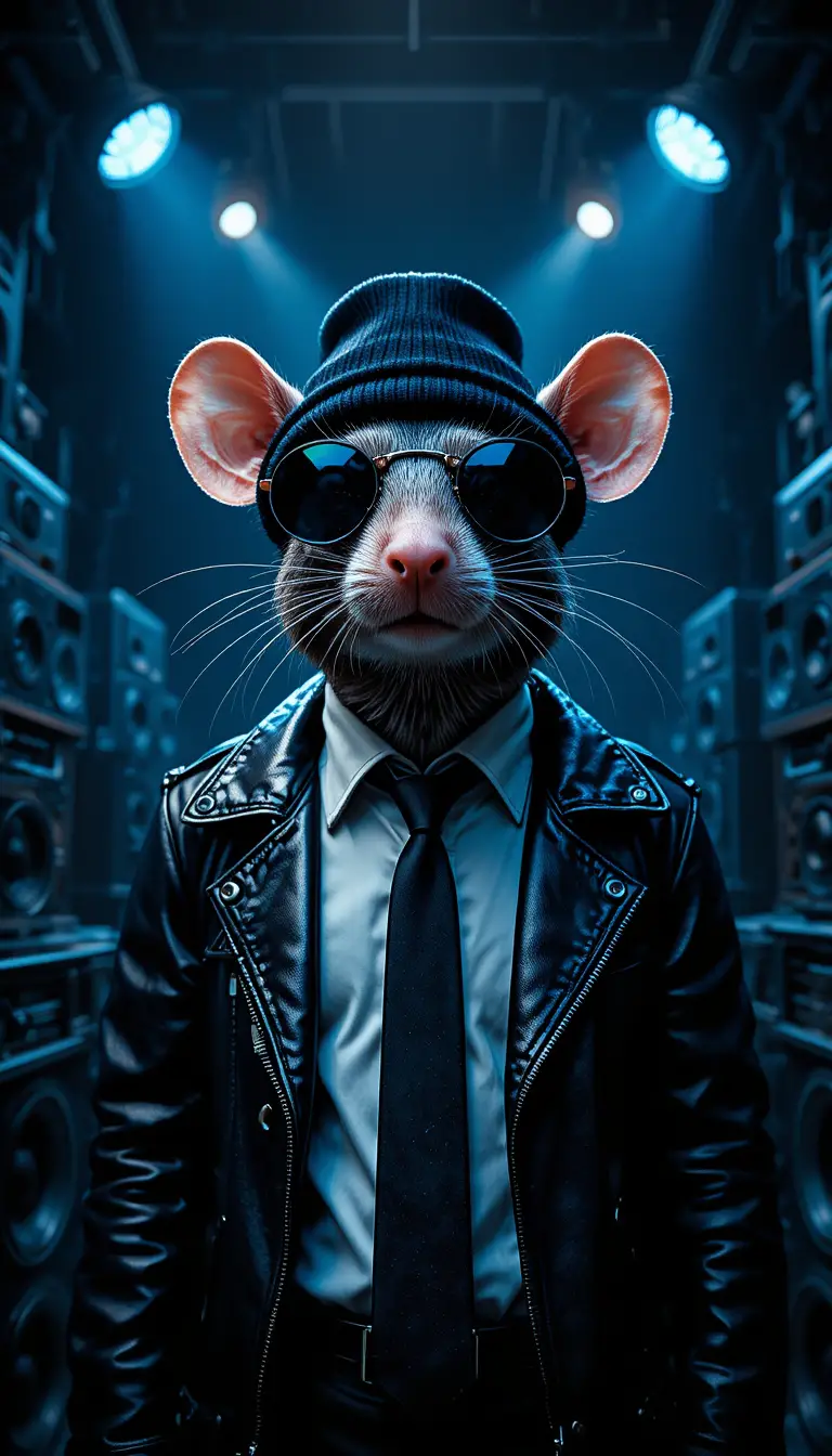 Anthropomorphe Ratte in Lederjacke in industrieller Umgebung