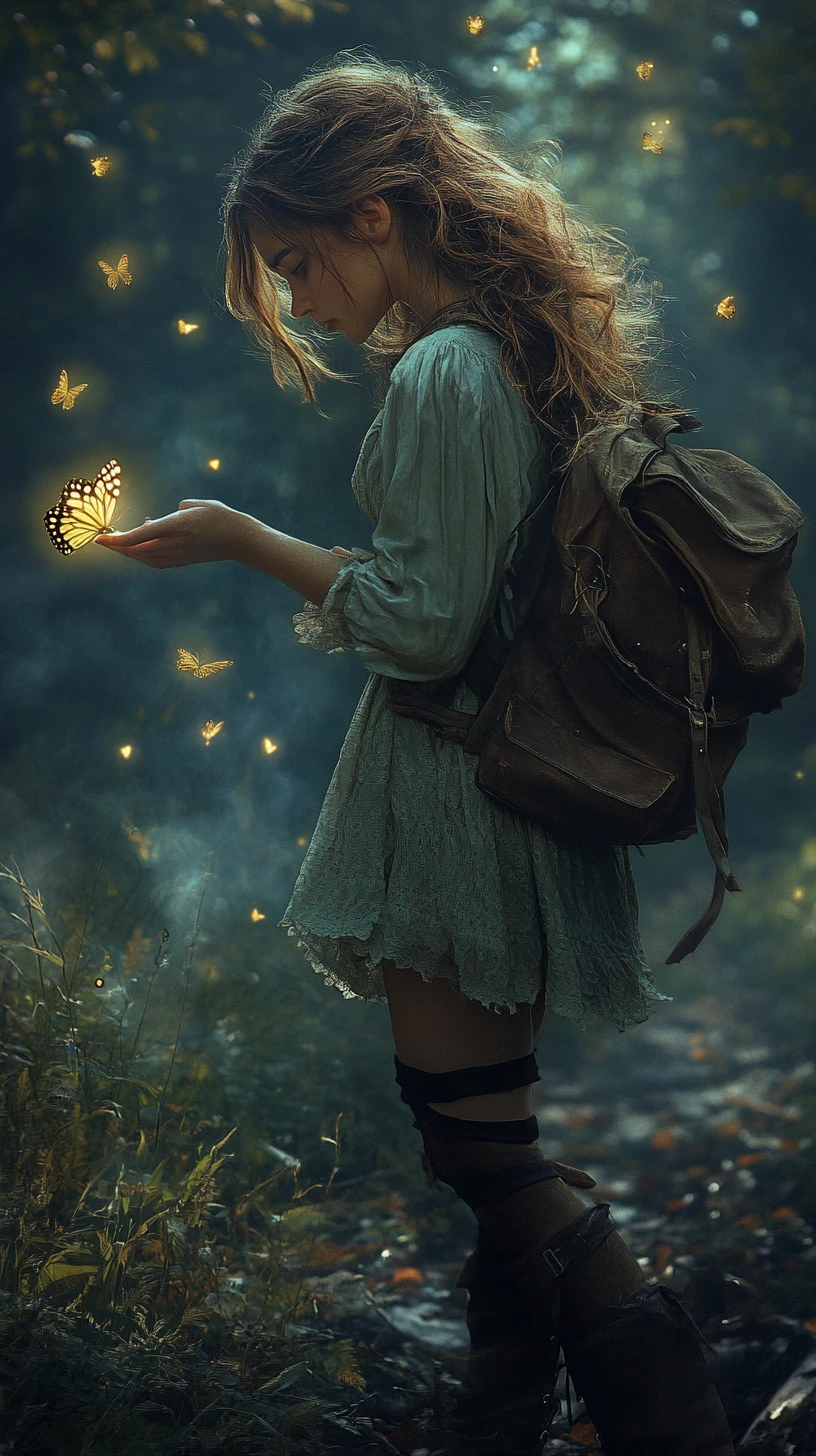 Young woman with glowing butterflies in a misty forest