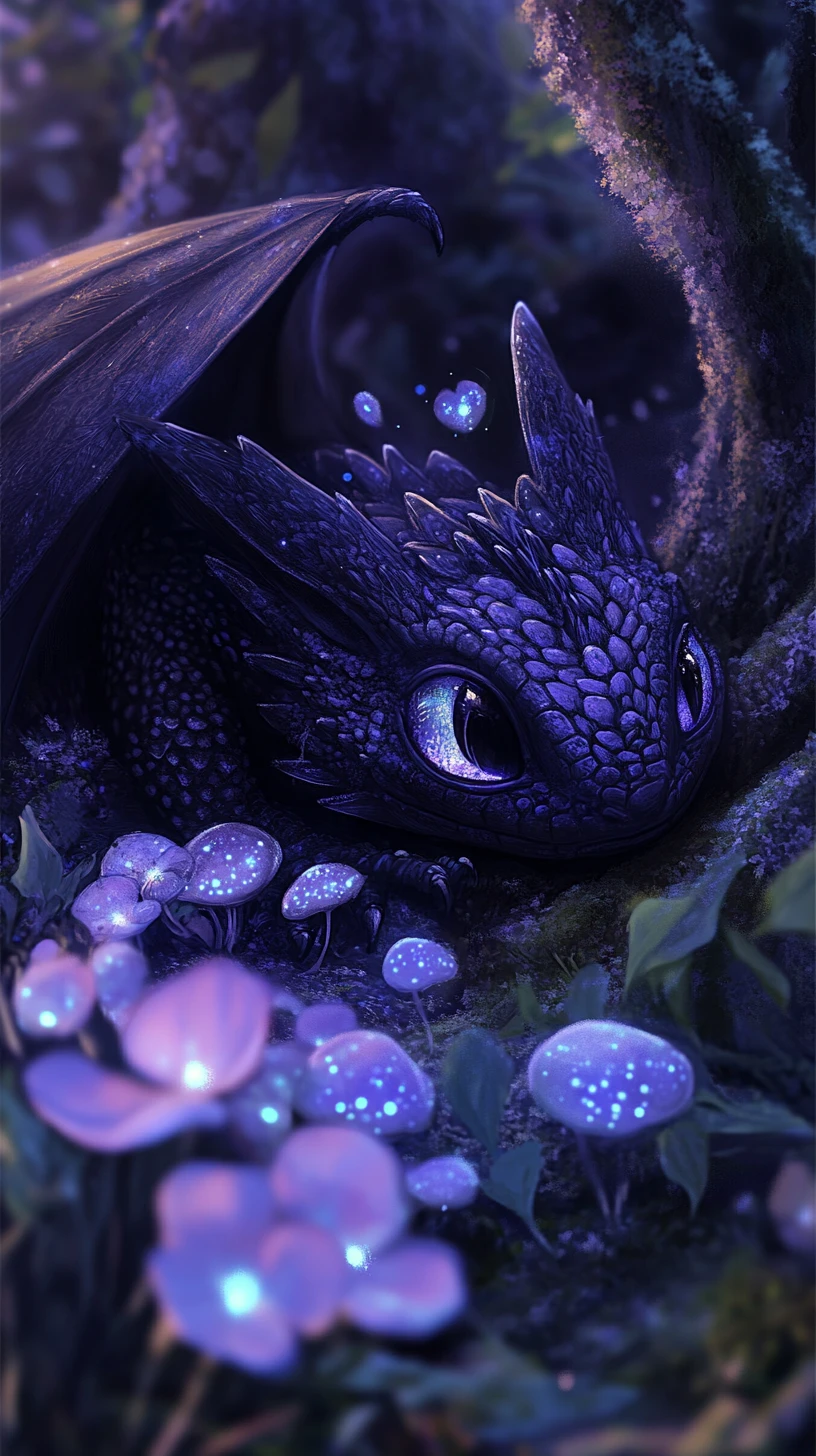 Small dragon curled among glowing bioluminescent forest flowers