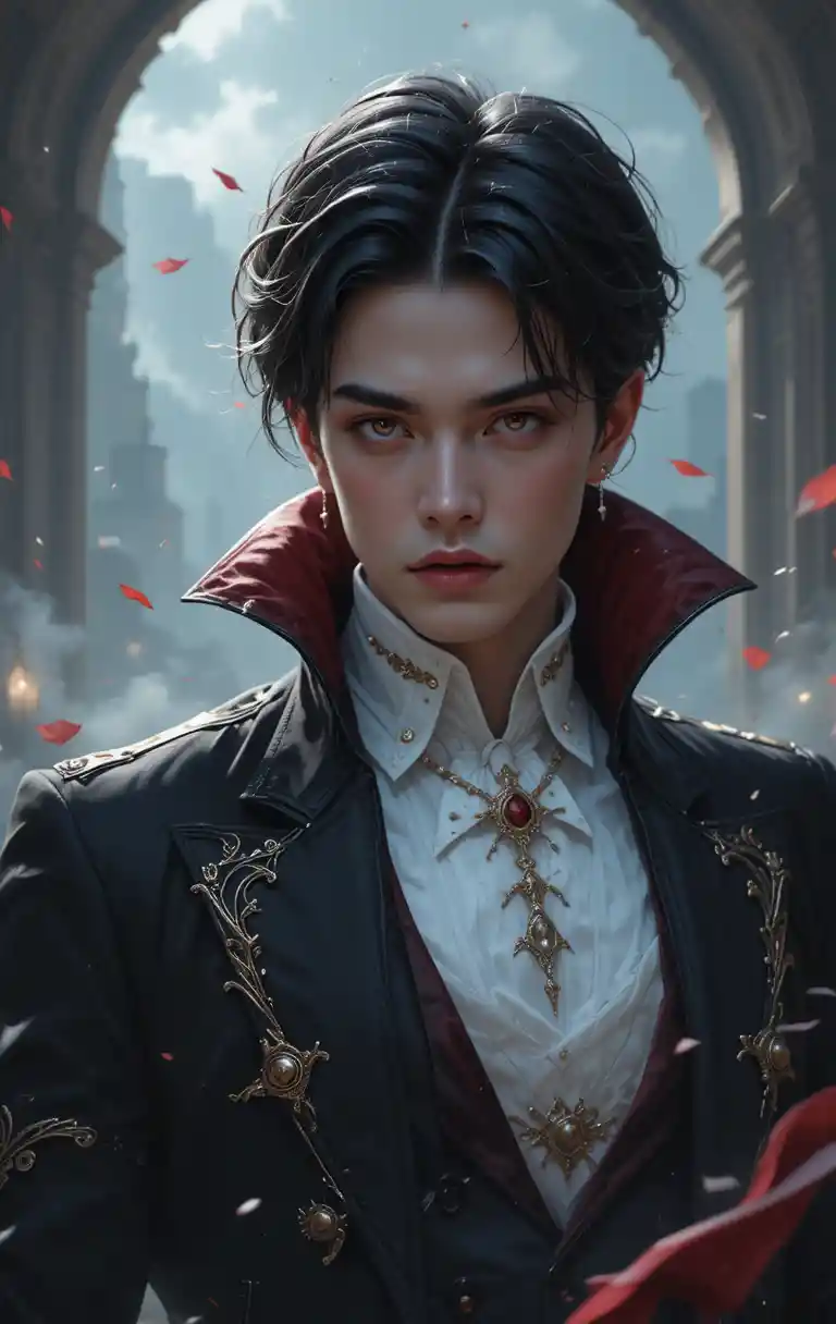 Young noble vampire boy in dark anime attire