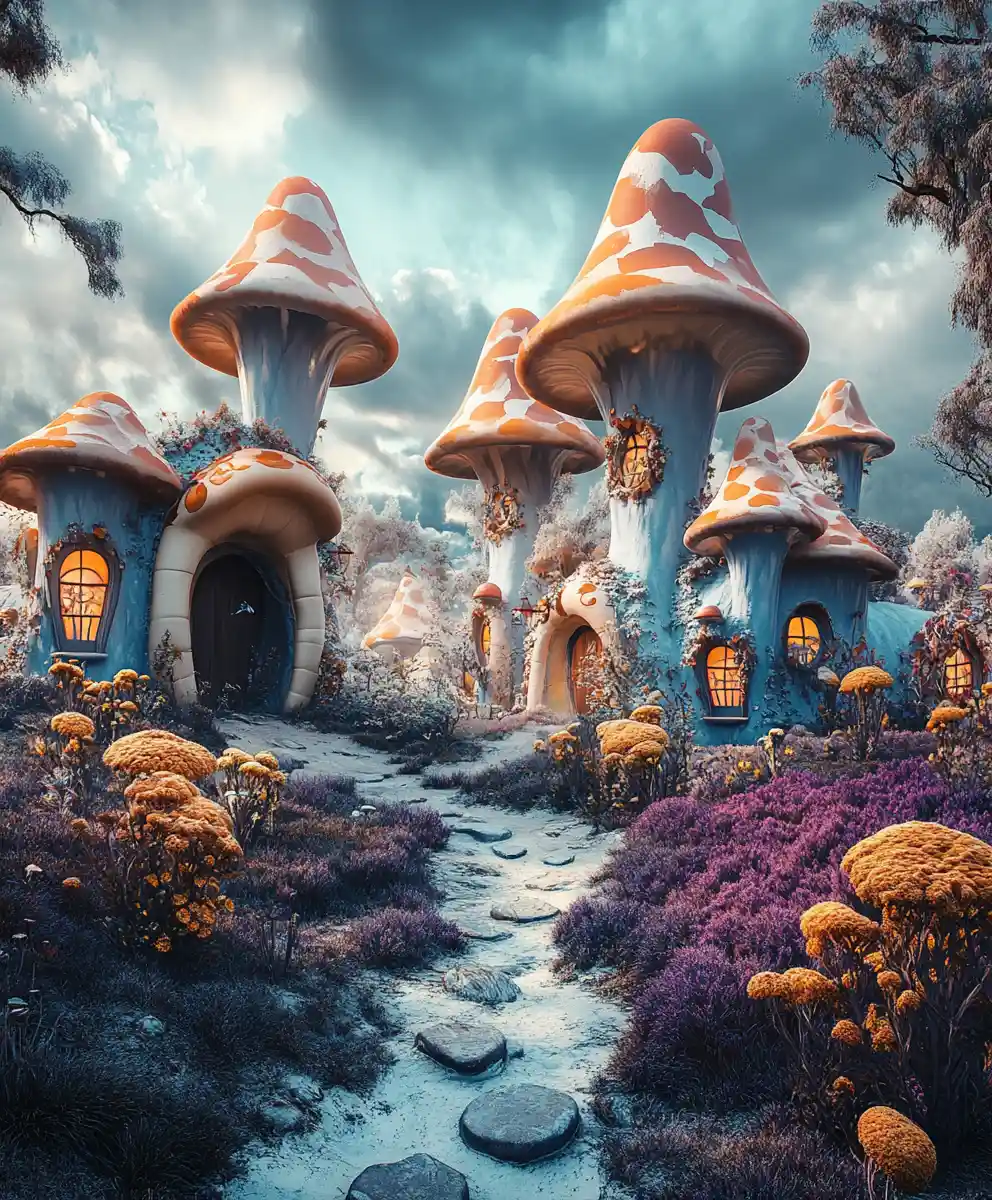 Surreal cheerful landscape in bright vibrant fantasy colors