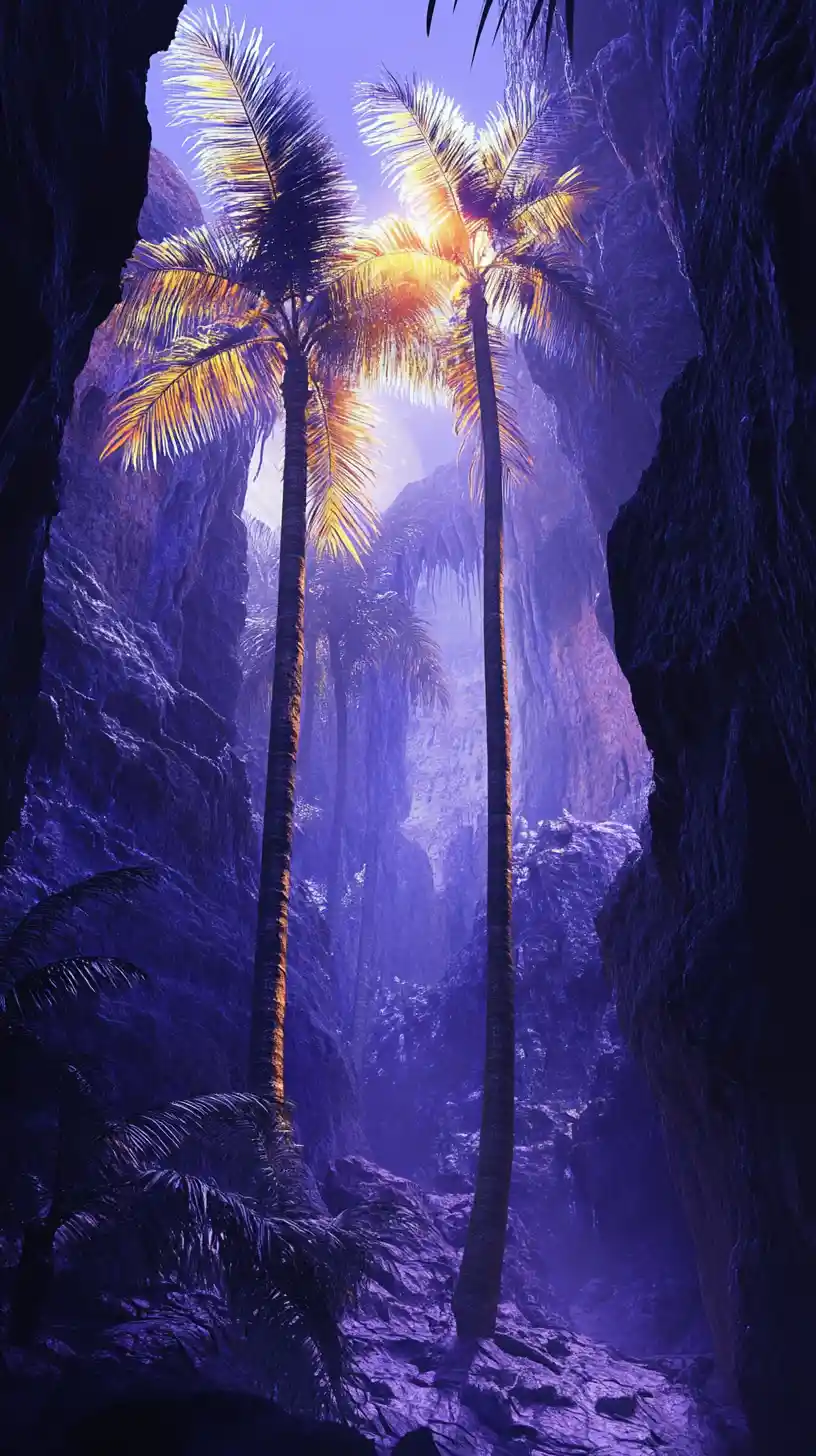 Glowing Palm Trees Rising In A Twilight Canyon Oasis