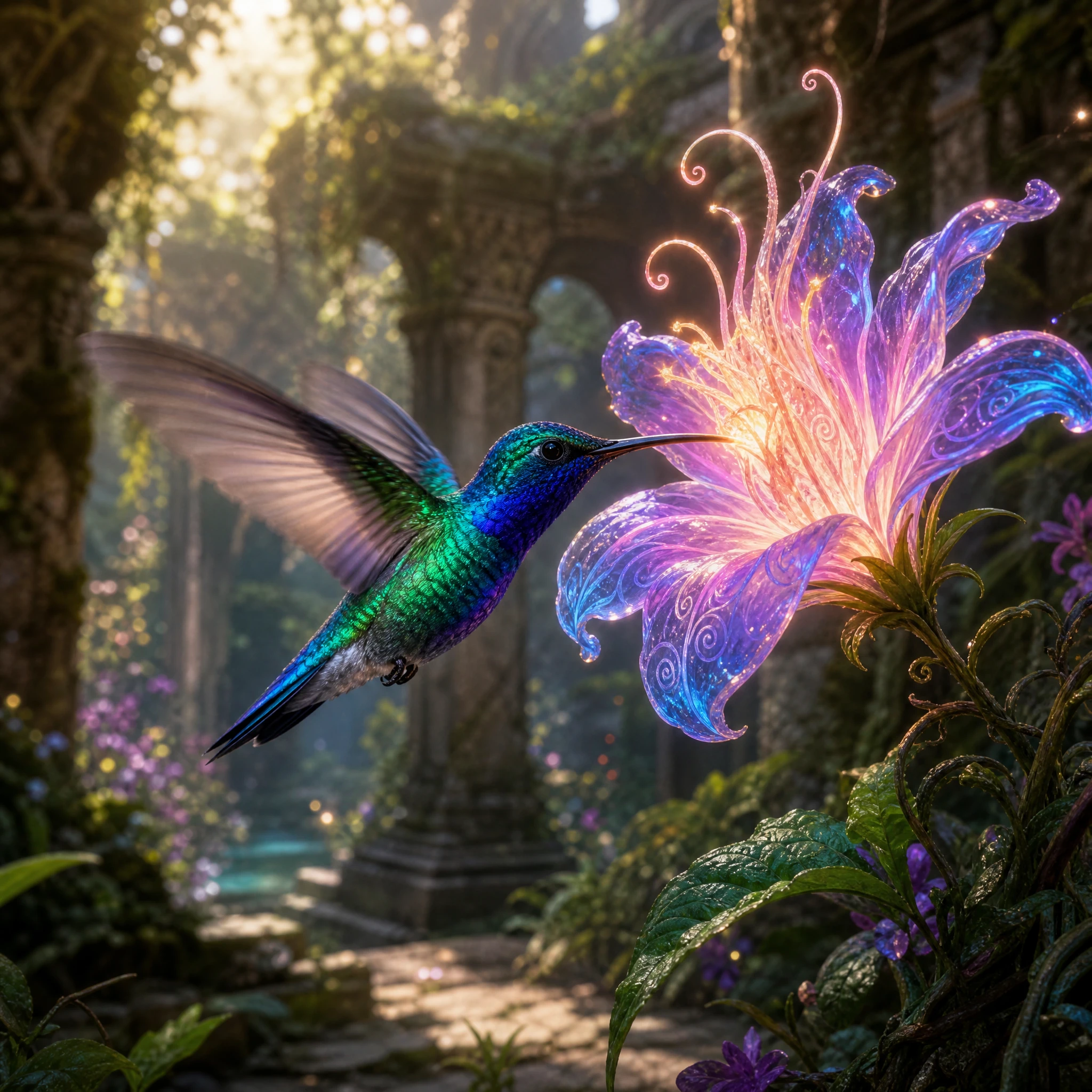 Iridescent hummingbird drinking from a glowing fantasy flower