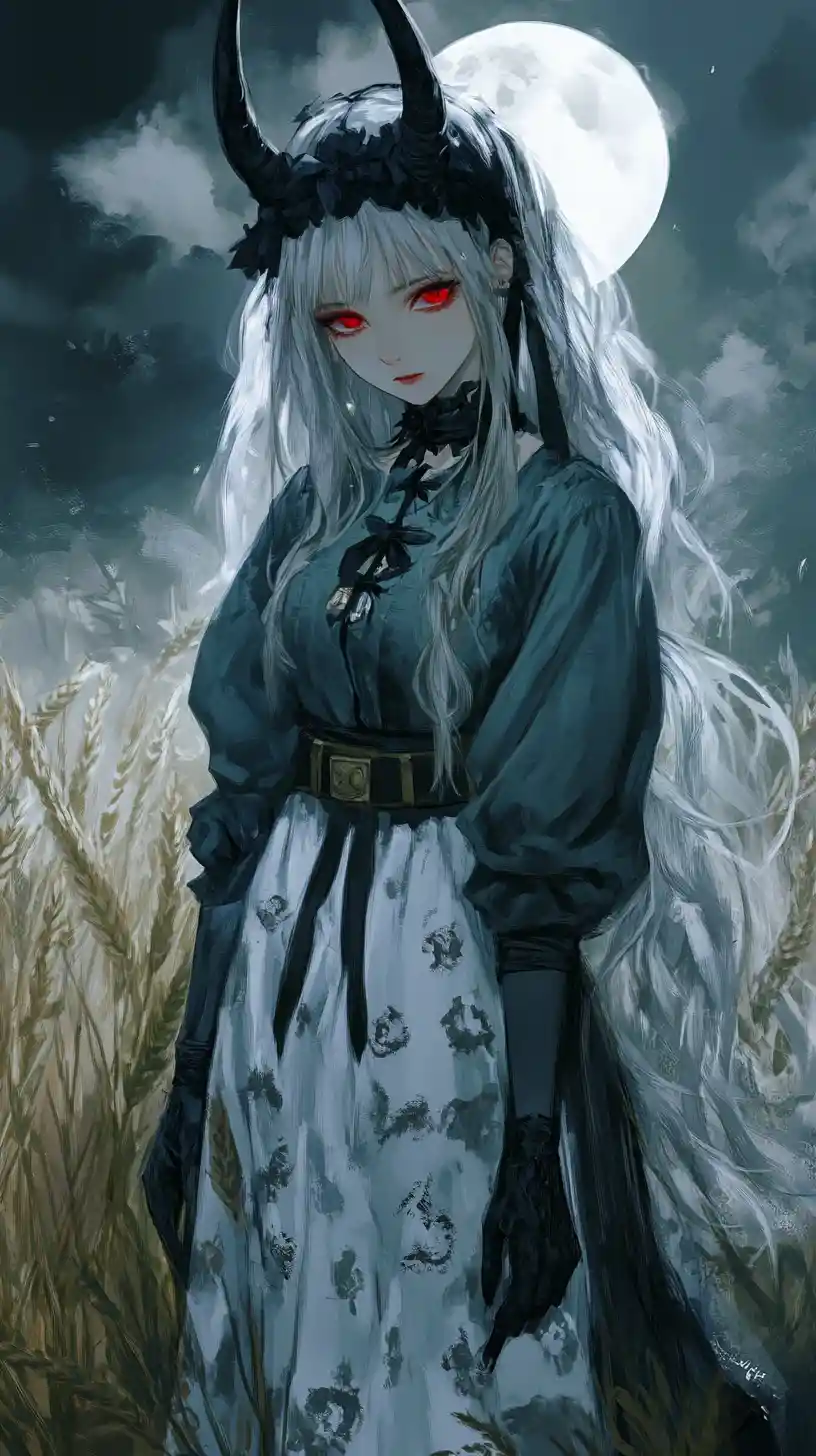 Anime girl in dark dreamland with haunted house and ghosts