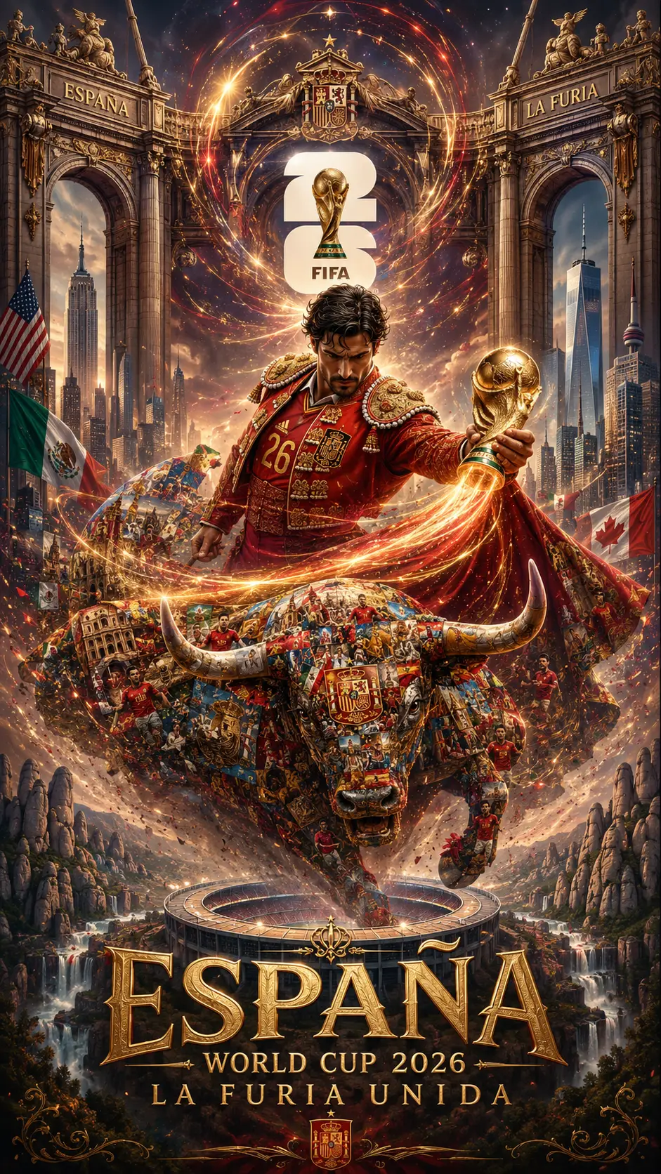 Colossal matador athlete rising from a charging mosaic bull