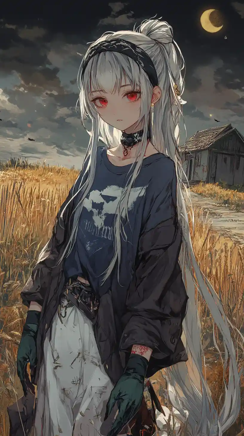 Anime girl in a dark dreamland with ghosts and ravens