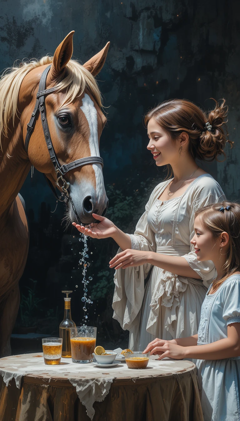 Girl offering water to a tired horse in warm golden light