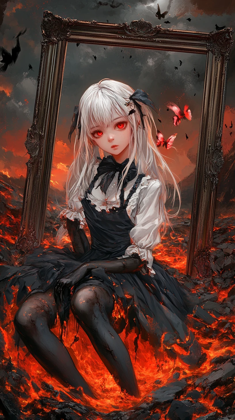 Anime girl lying in lava under a dark red sky