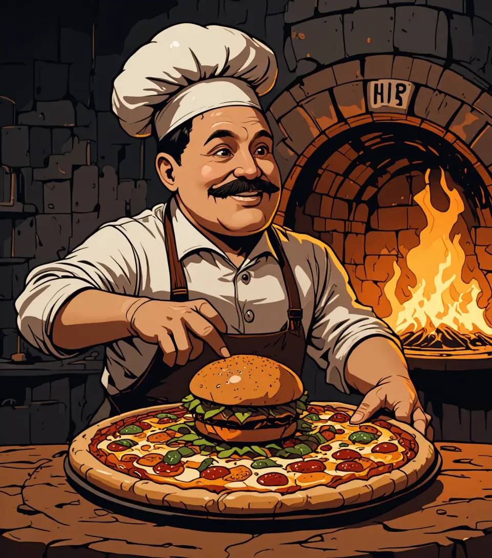 Fröhlicher Koch hält Burger auf Pizzaschieber vor loderndem Ofen