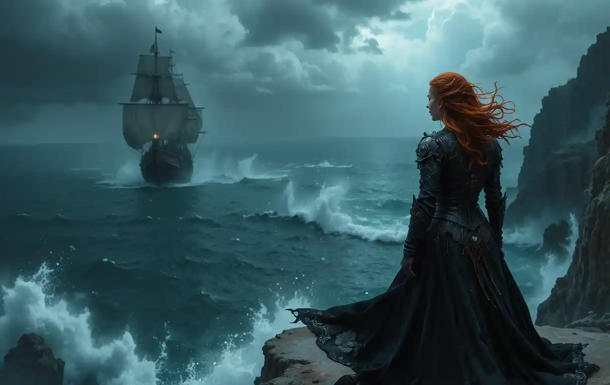 Red haired warrior woman on a cliff above stormy sea