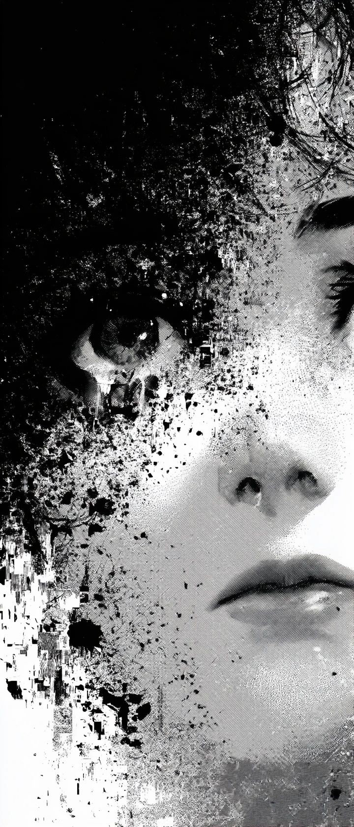 Crying anime girl face dissolving into dark ink static