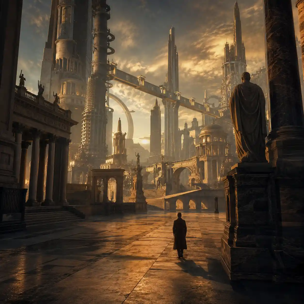 Surreal fantasy city of impossible towers and silent plazas