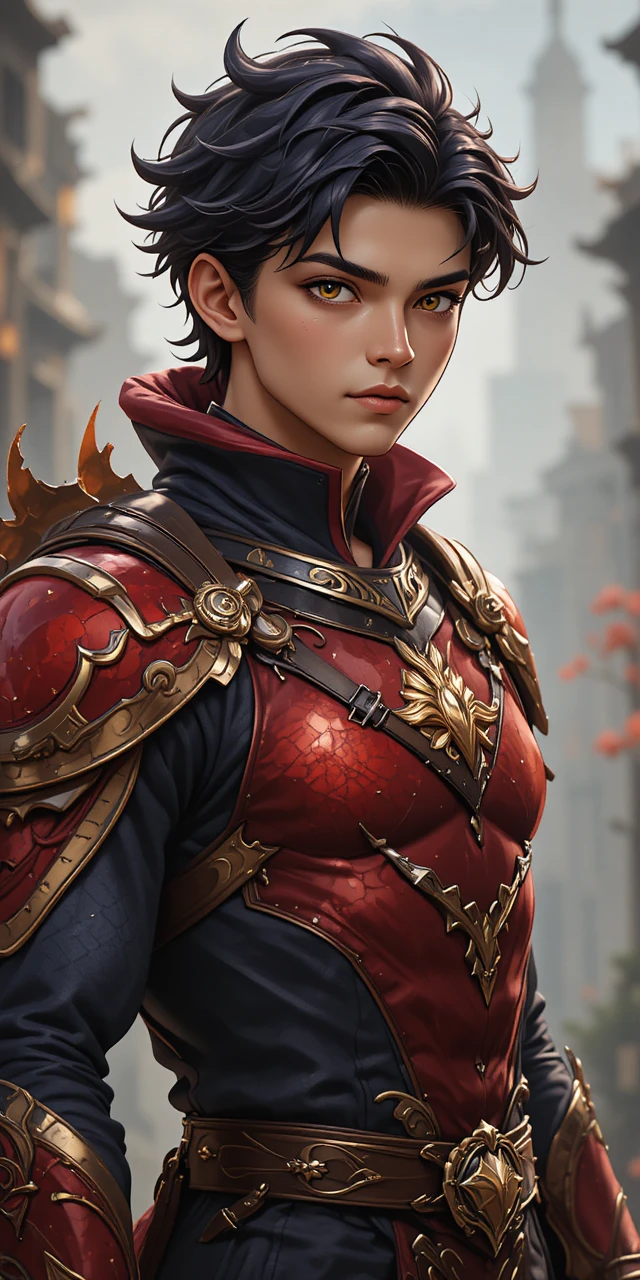 Young draconic warrior with golden skin and amber eyes