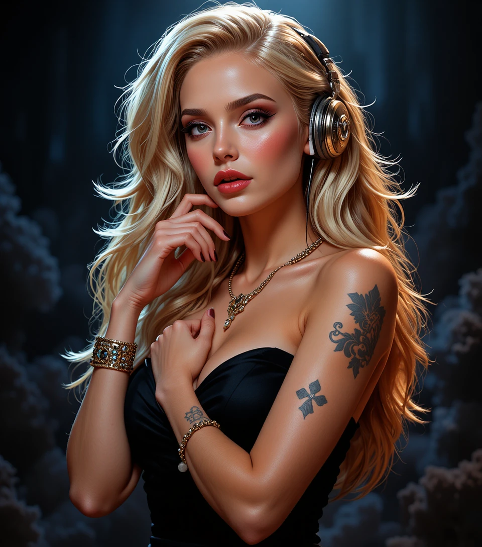 Sensual blonde woman in headphones glamour portrait