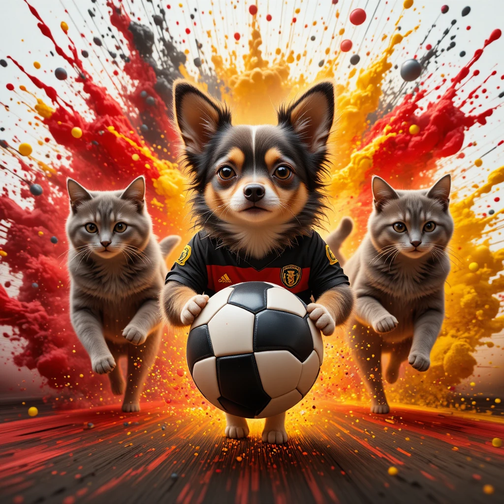 Chihuahua and grey cats sprinting with German football energy