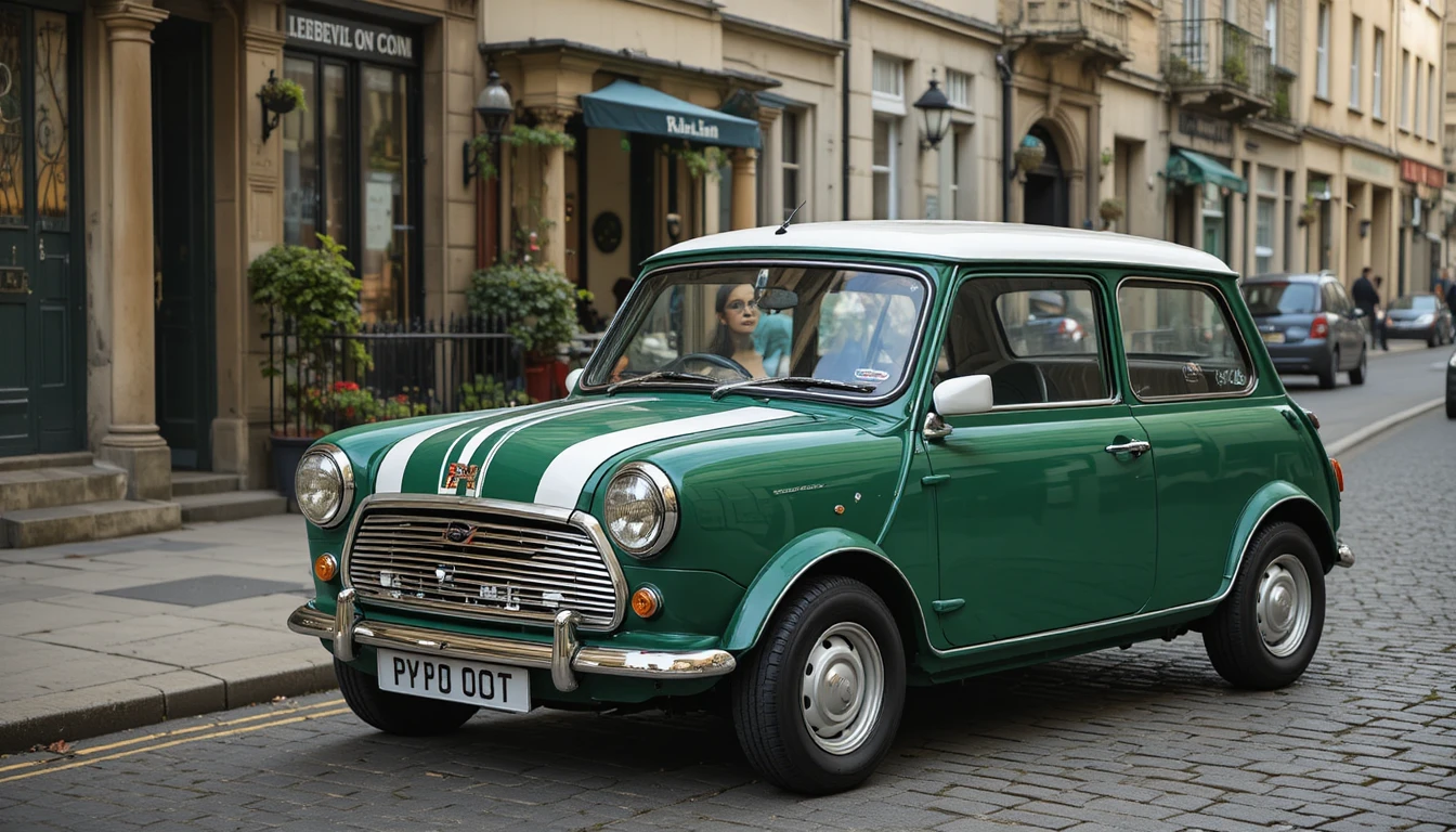 Classic green Mini Cooper on an English city street