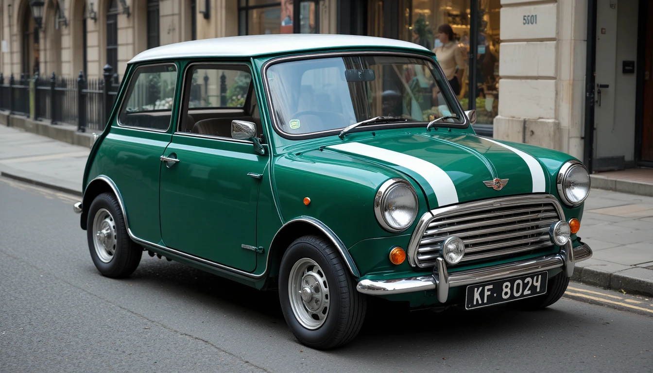 Classic green mini cooper on a London city street