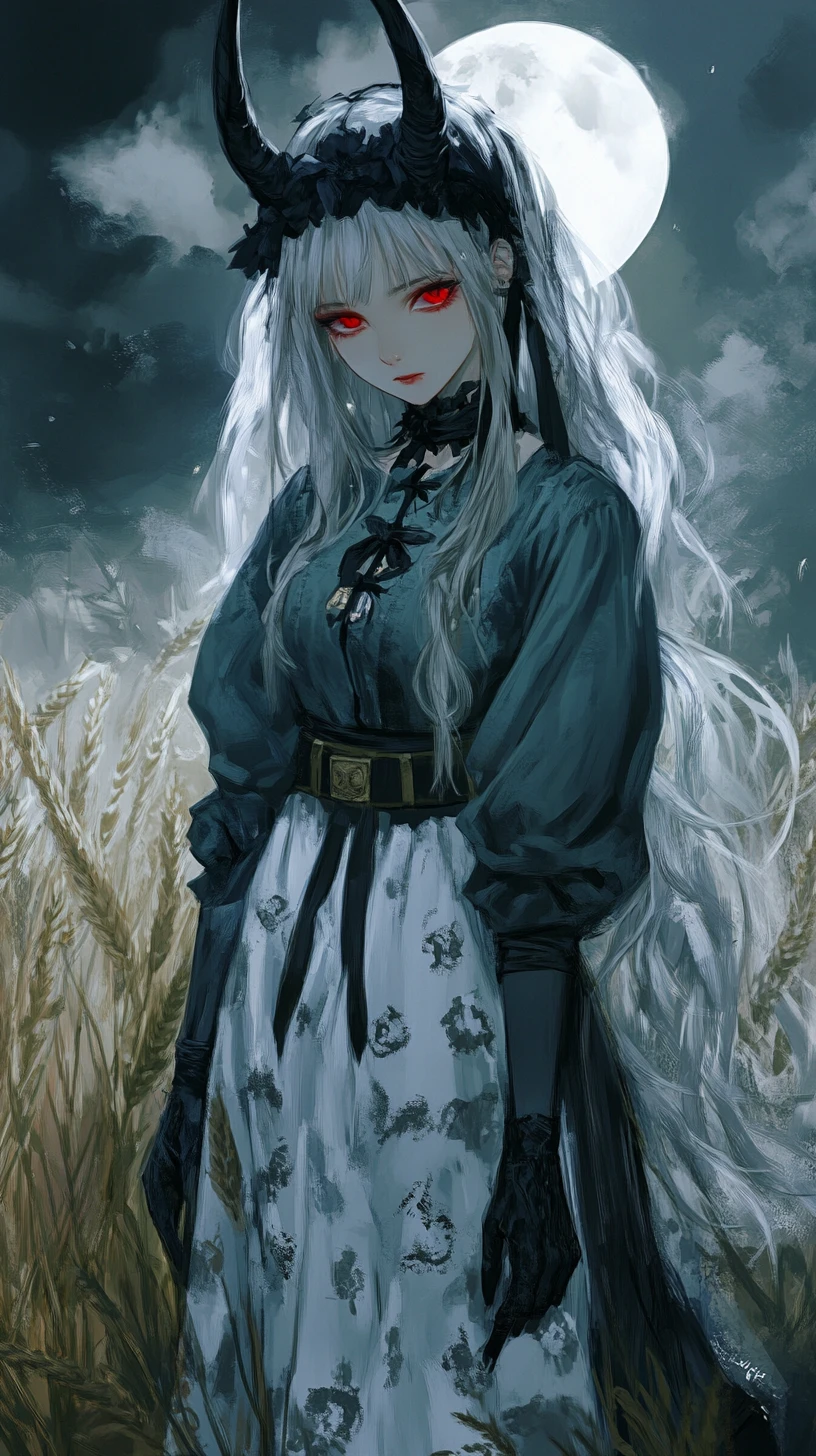 Anime girl in dark dreamland with haunted house and ghosts