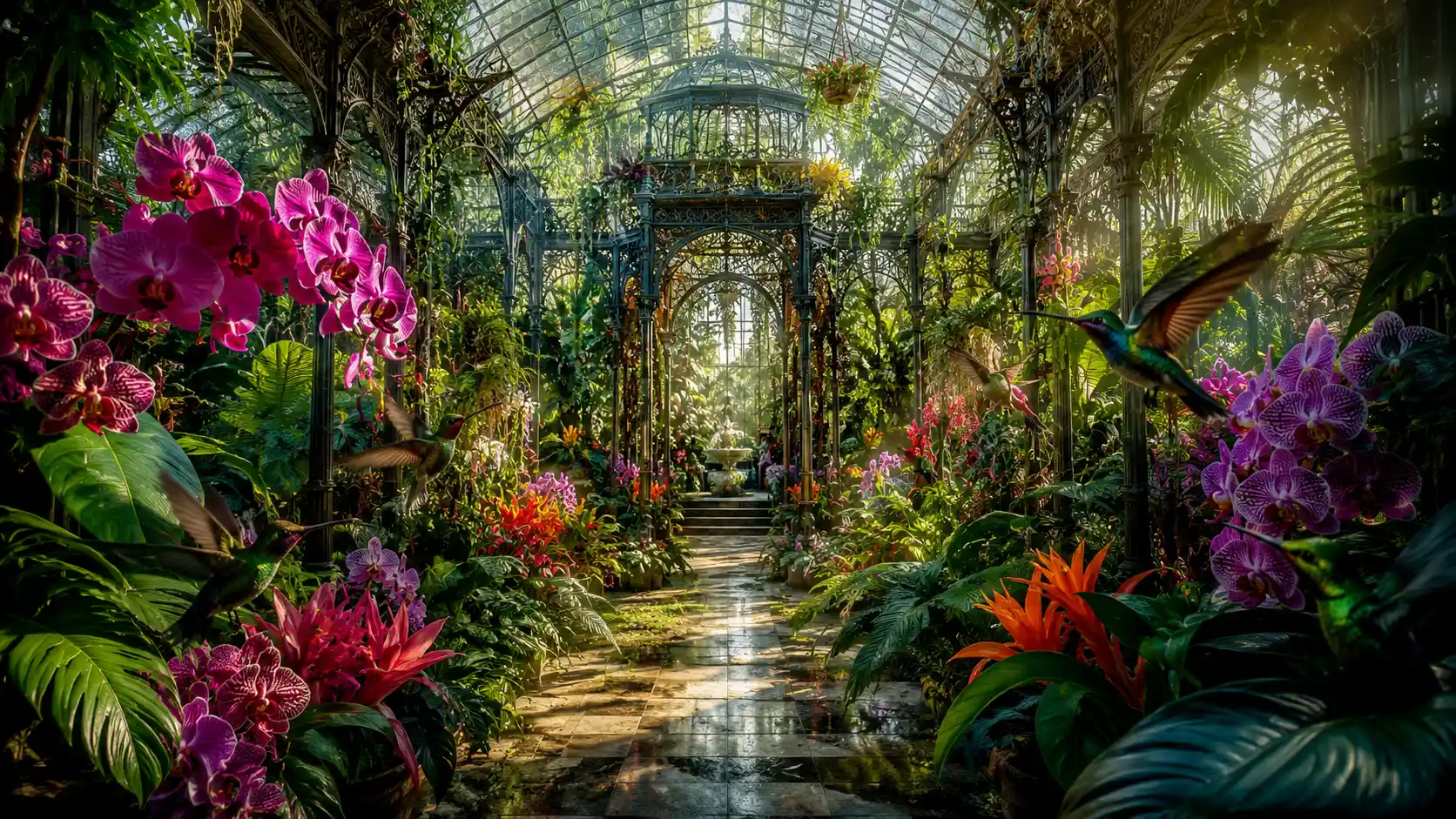 Victorian greenhouse filled with lush magical jungle plants