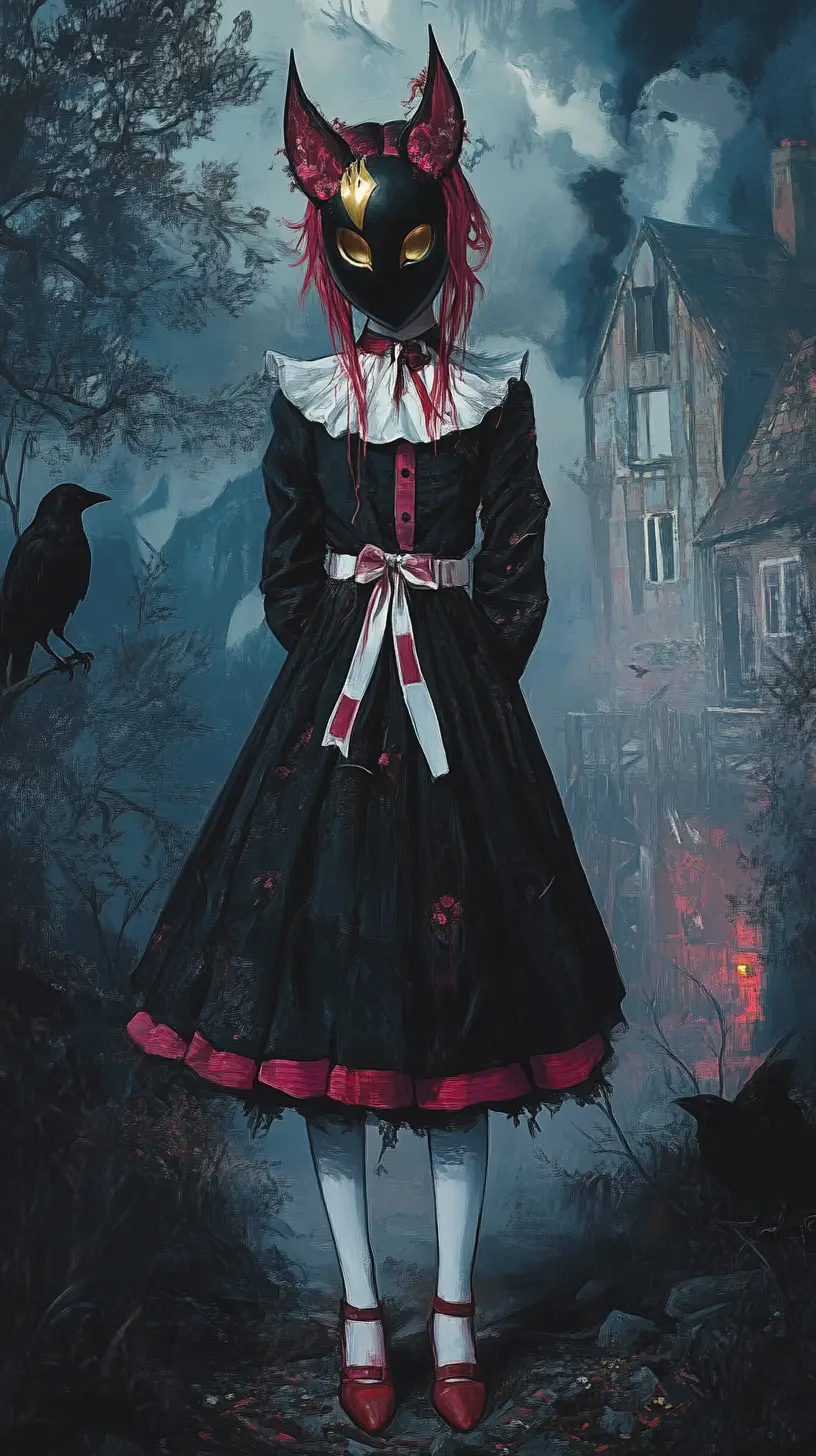 Maskiertes Anime-Mädchen in dunkler Fantasy-Traumlandschaft