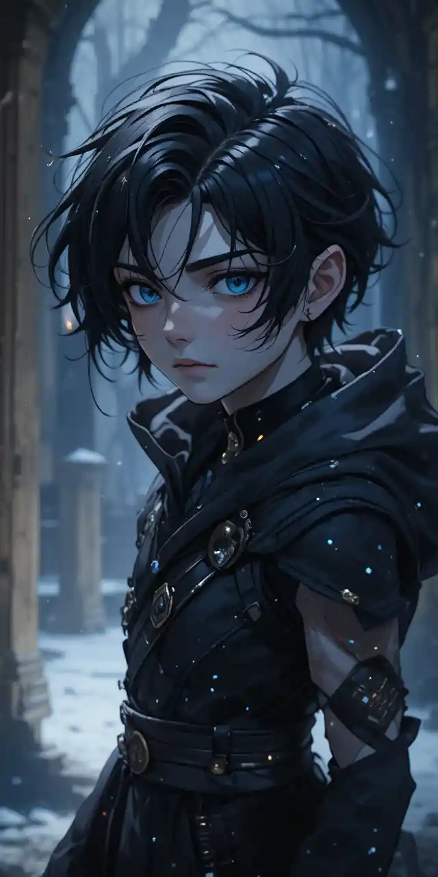 Young anime rogue boy wrapped in dark stealth clothing