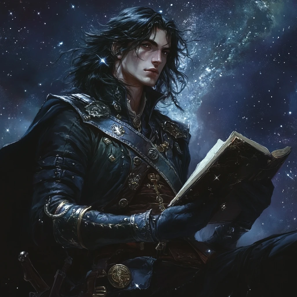 Fantasy astronomer woman beneath a deep night sky