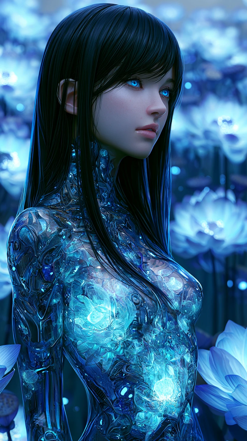 Cybernetic woman in a glowing blue lotus fantasy garden