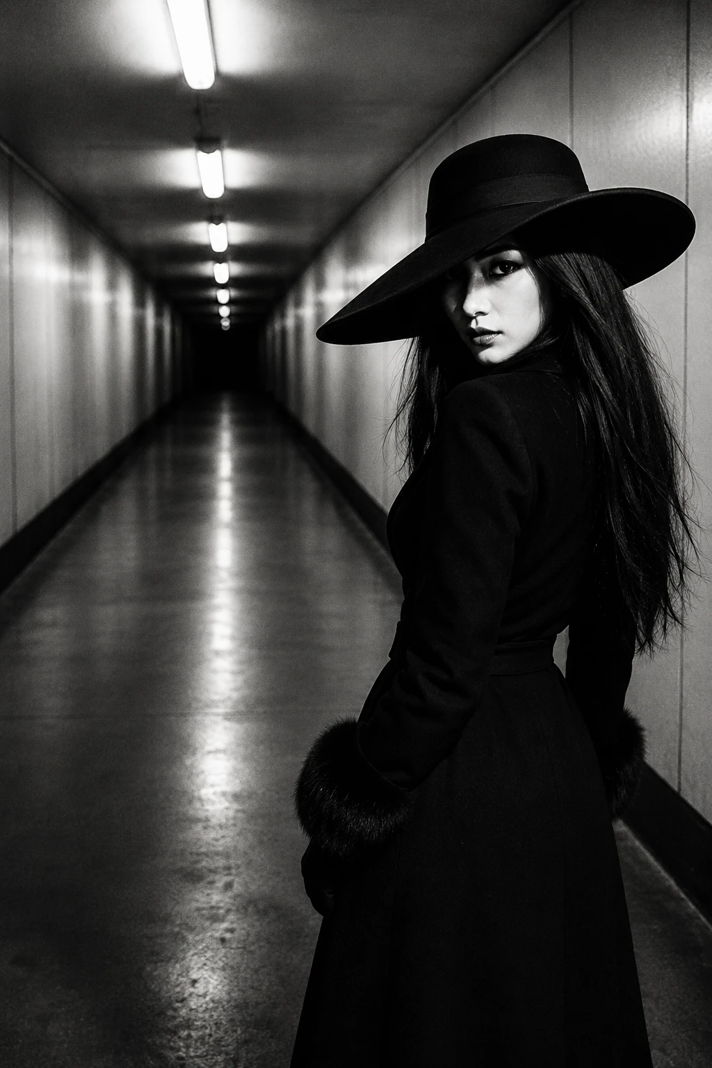 Mysterious woman in noir hat in stark white corridor