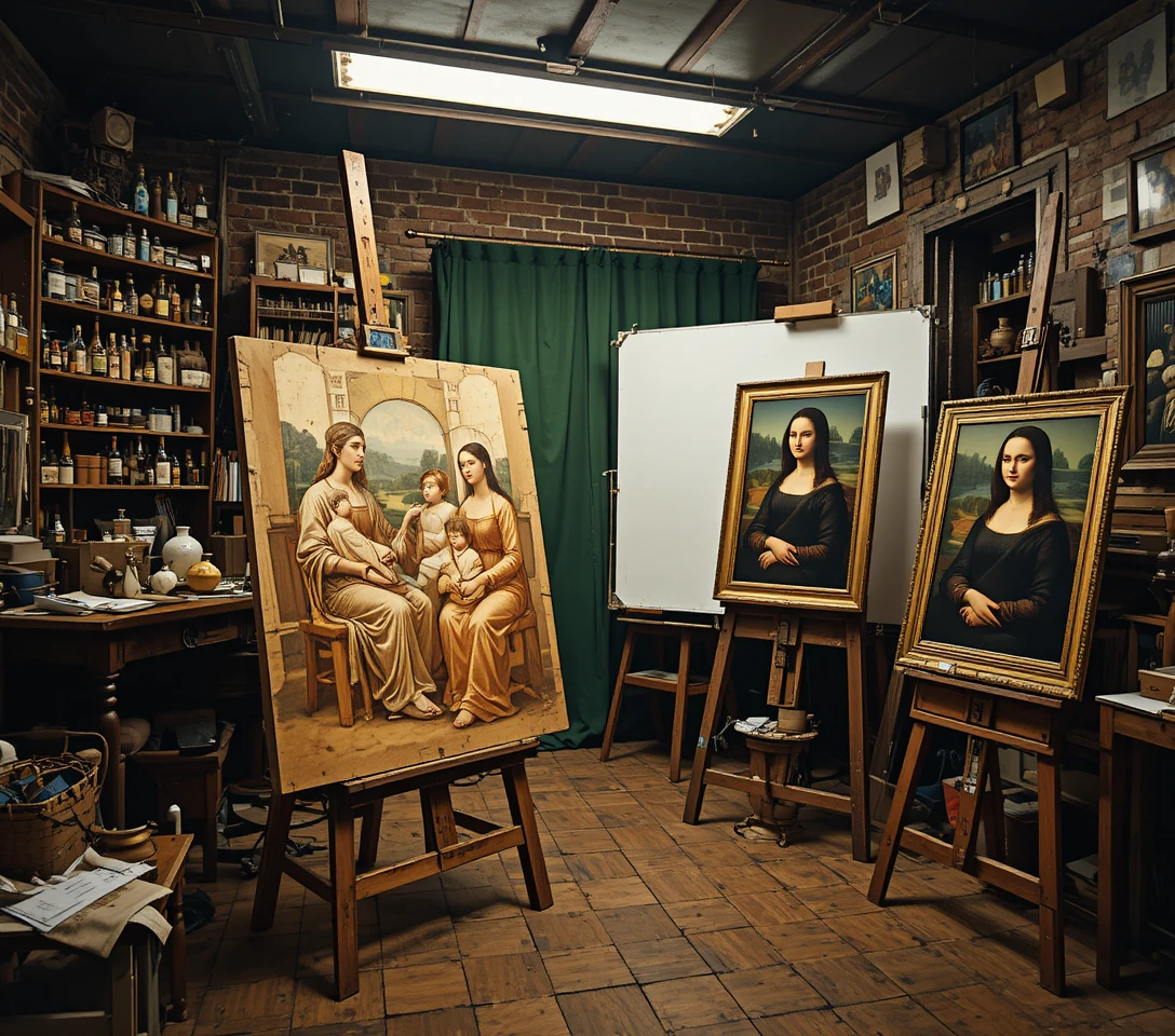 Renaissance inspired artist studio with unfinished figurative painting
