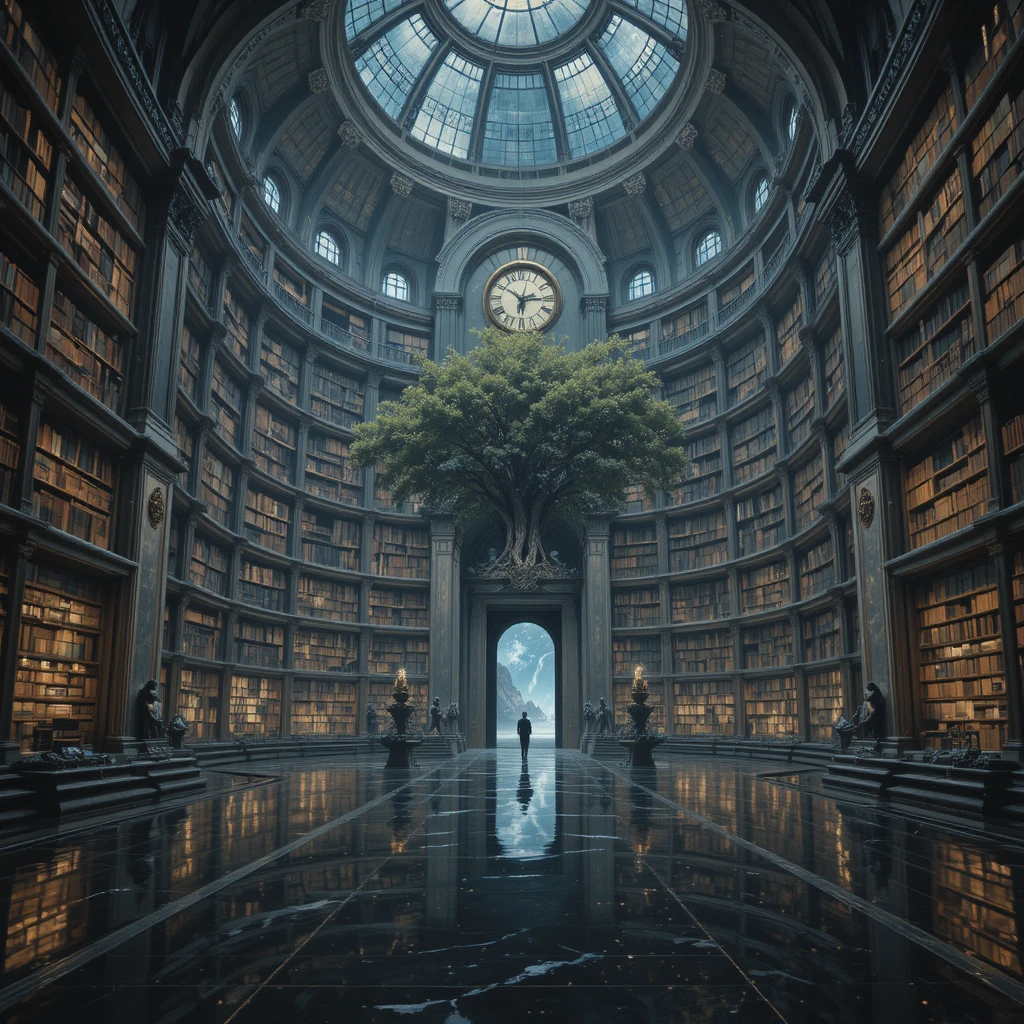 Surreal floating library palace above a silent night ocean