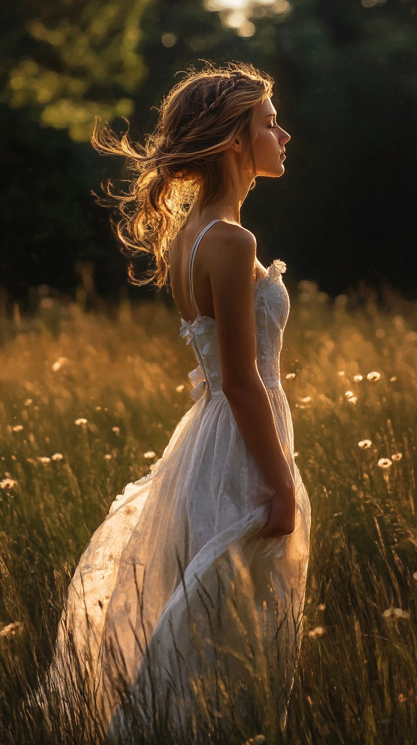 Young woman in white dress in a meadow at sunset