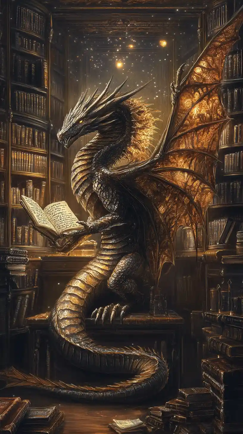 Ancient dragon coiled within a vast timeless library