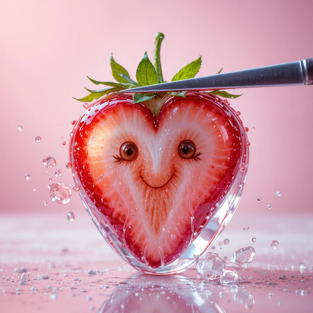 Crystal glass strawberry with cute smiling face being sliced