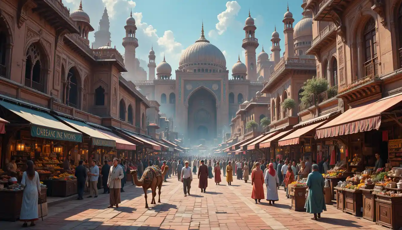Vibrant fantasy market square in an exotic eastern city