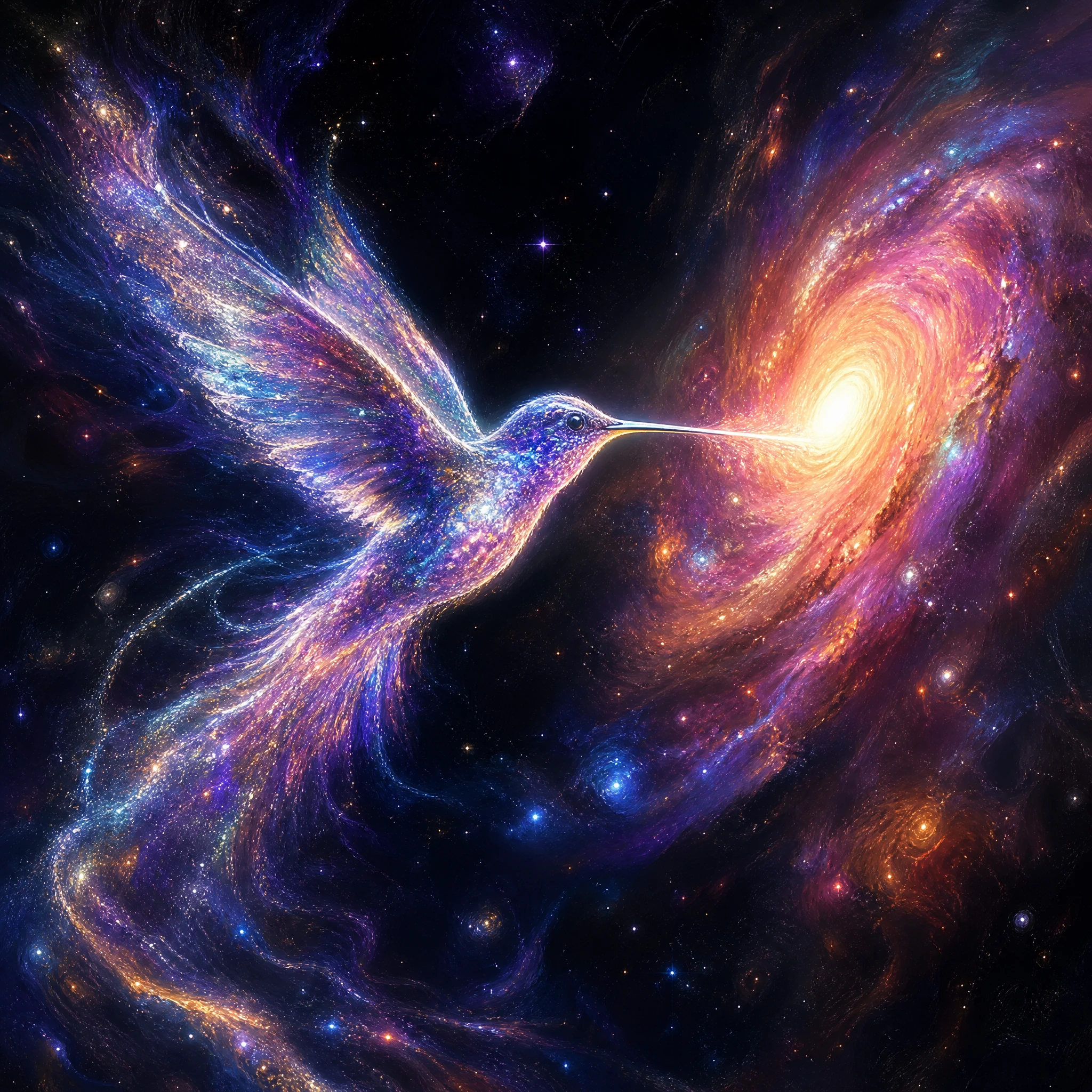 Celestial hummingbird of stardust drifting in deep space