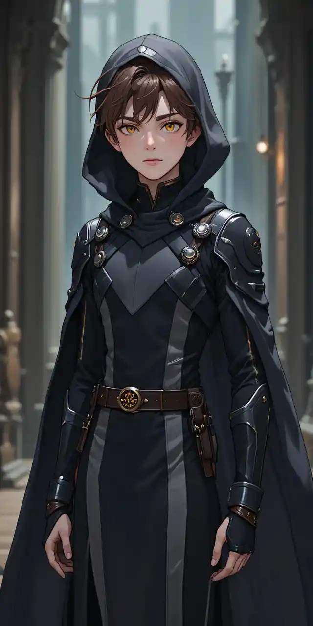 Stealthy anime boy in dark hooded tunic and short cape