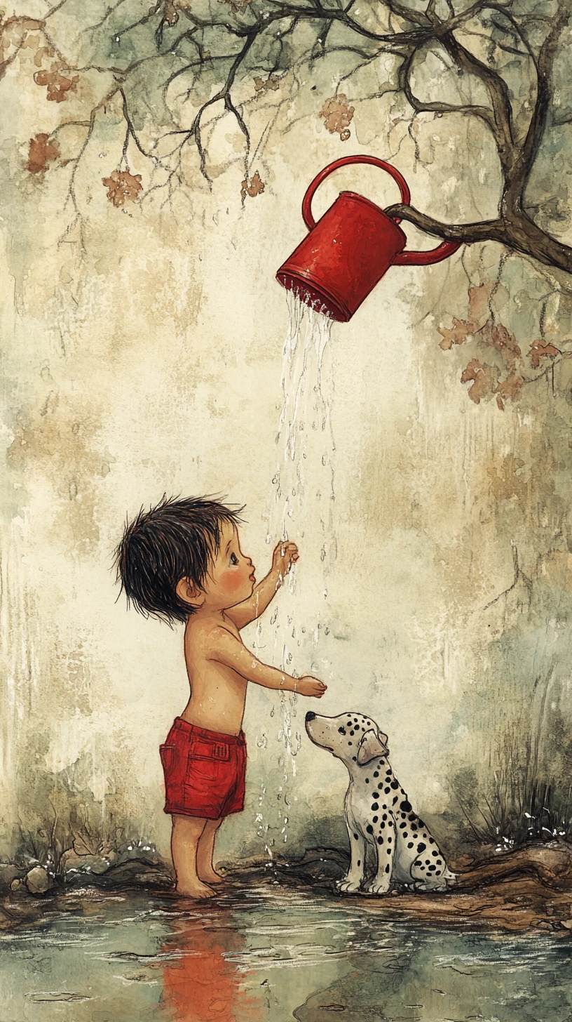 Joyful toddler and dog playing under a watering can shower