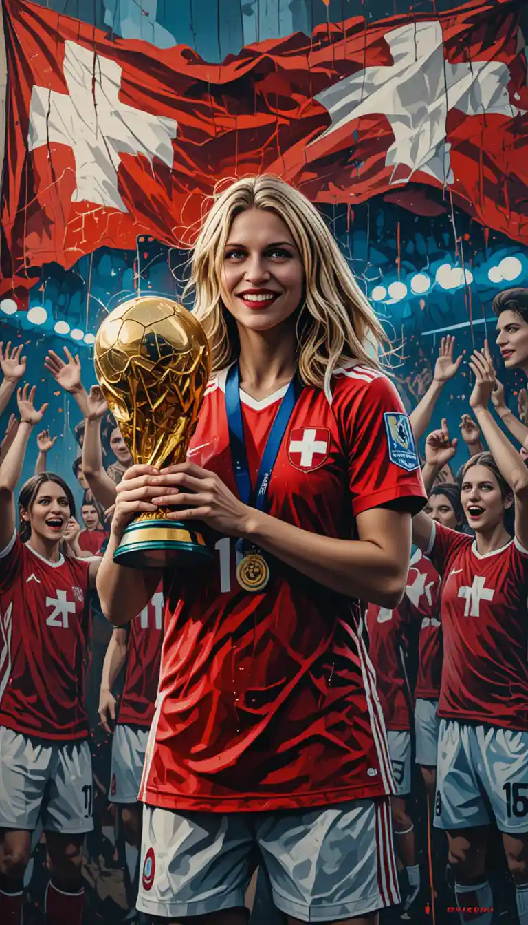 Swiss woman footballer lifting the World Cup trophy
