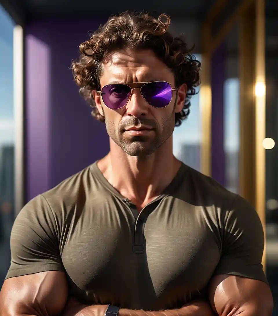 Confident athletic man in sunglasses full body portrait