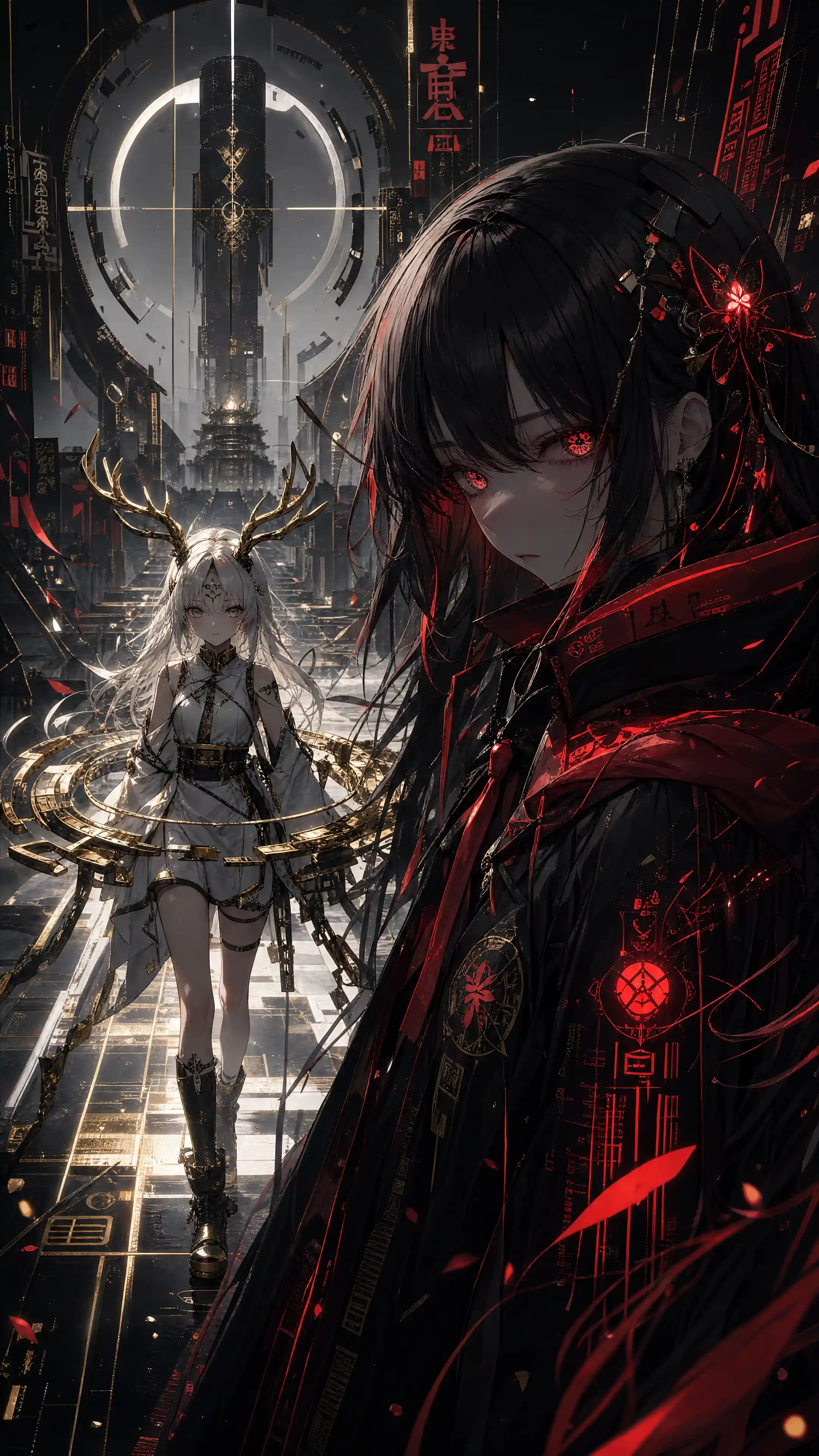 Antlered girl walking toward viewer on glowing sci fi path