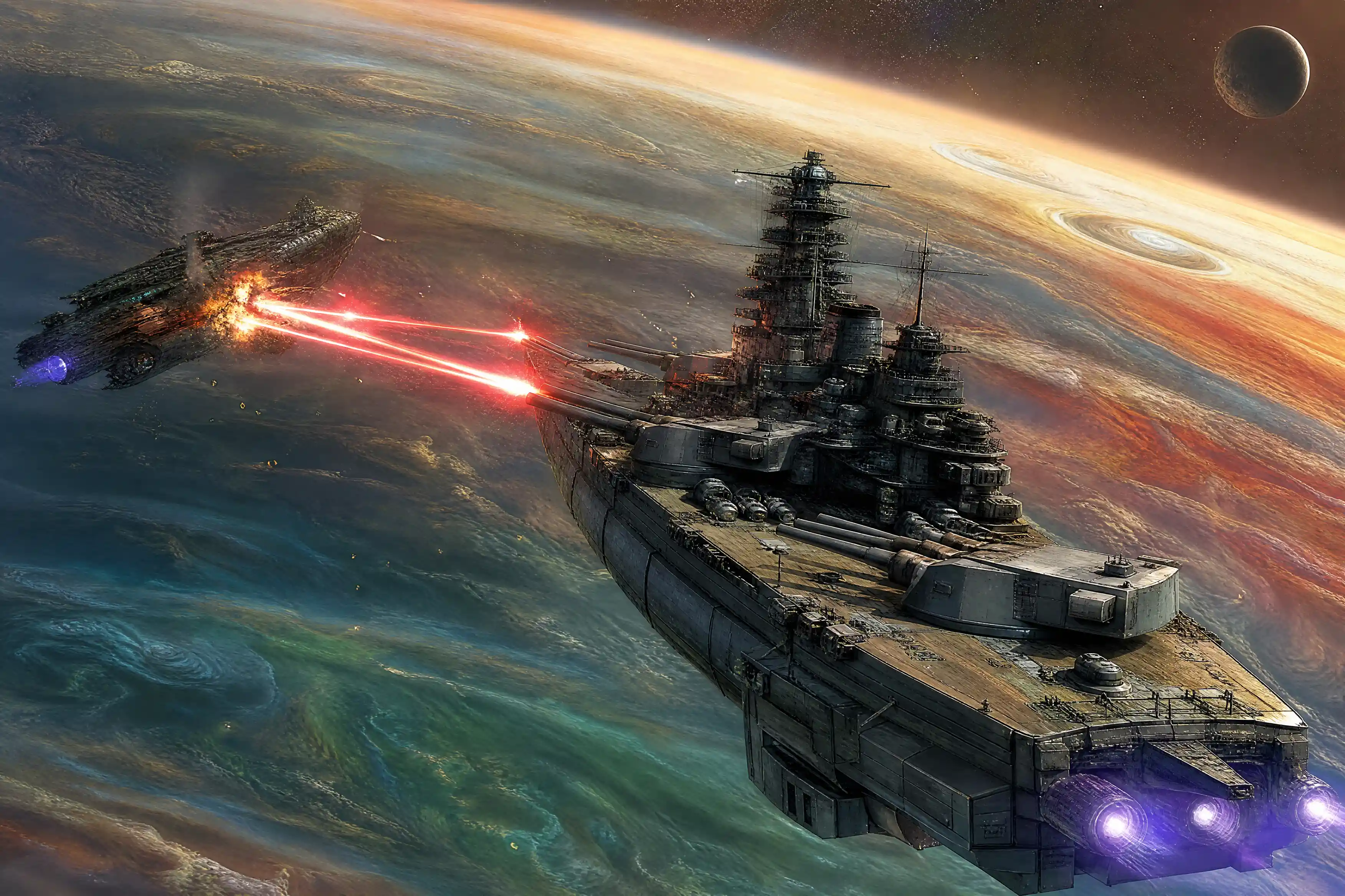 World War II battleship carrier above a swirling gas giant