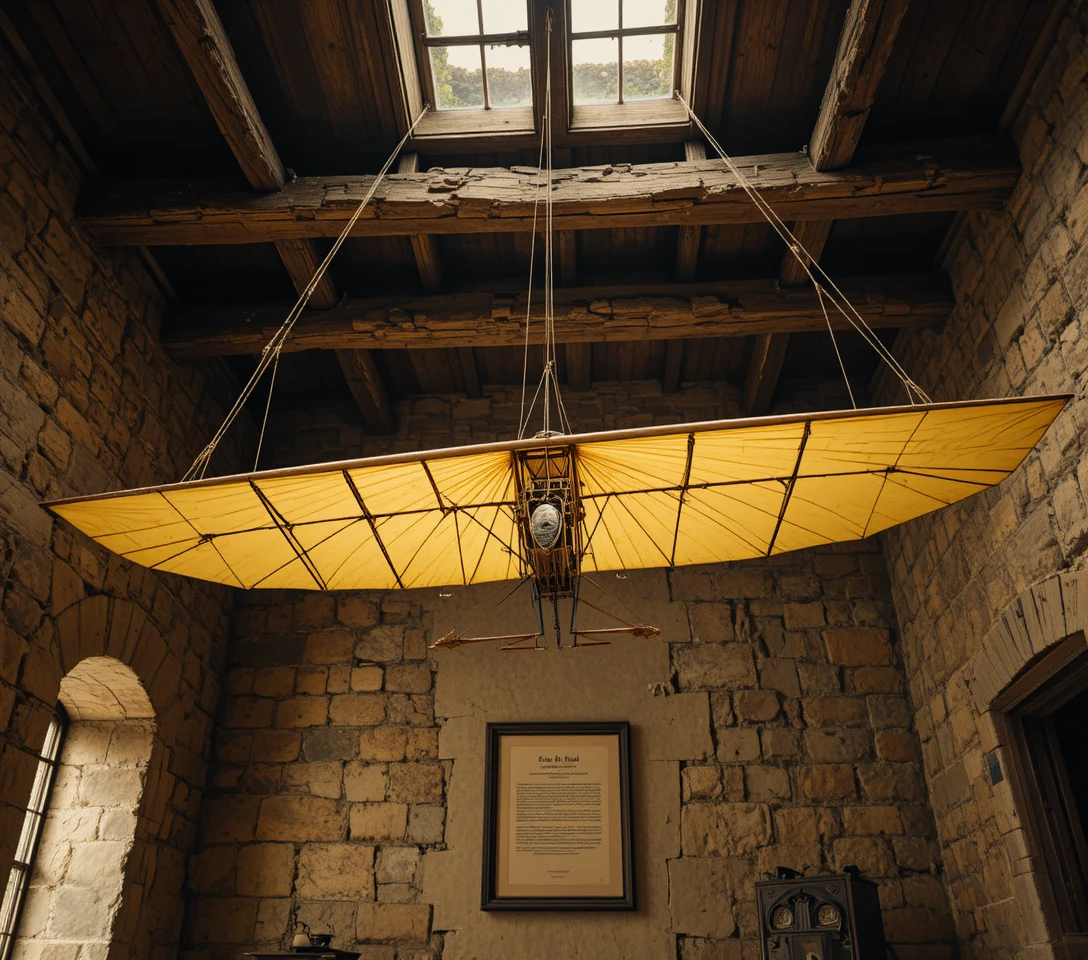 Historic wooden flying machine hanging in rustic museum interior