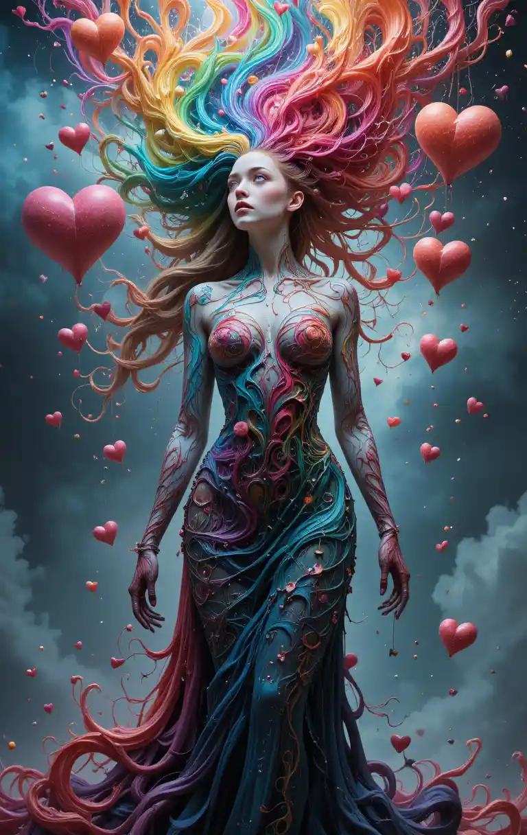 Surreal gothic siren with rainbow hair in melting colors