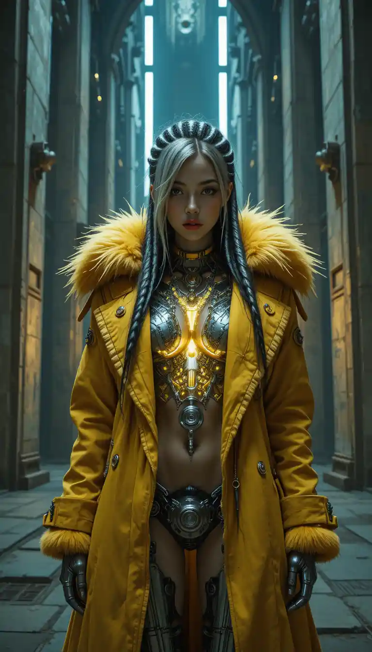Cyber femme fatale in a futuristic cathedral interior