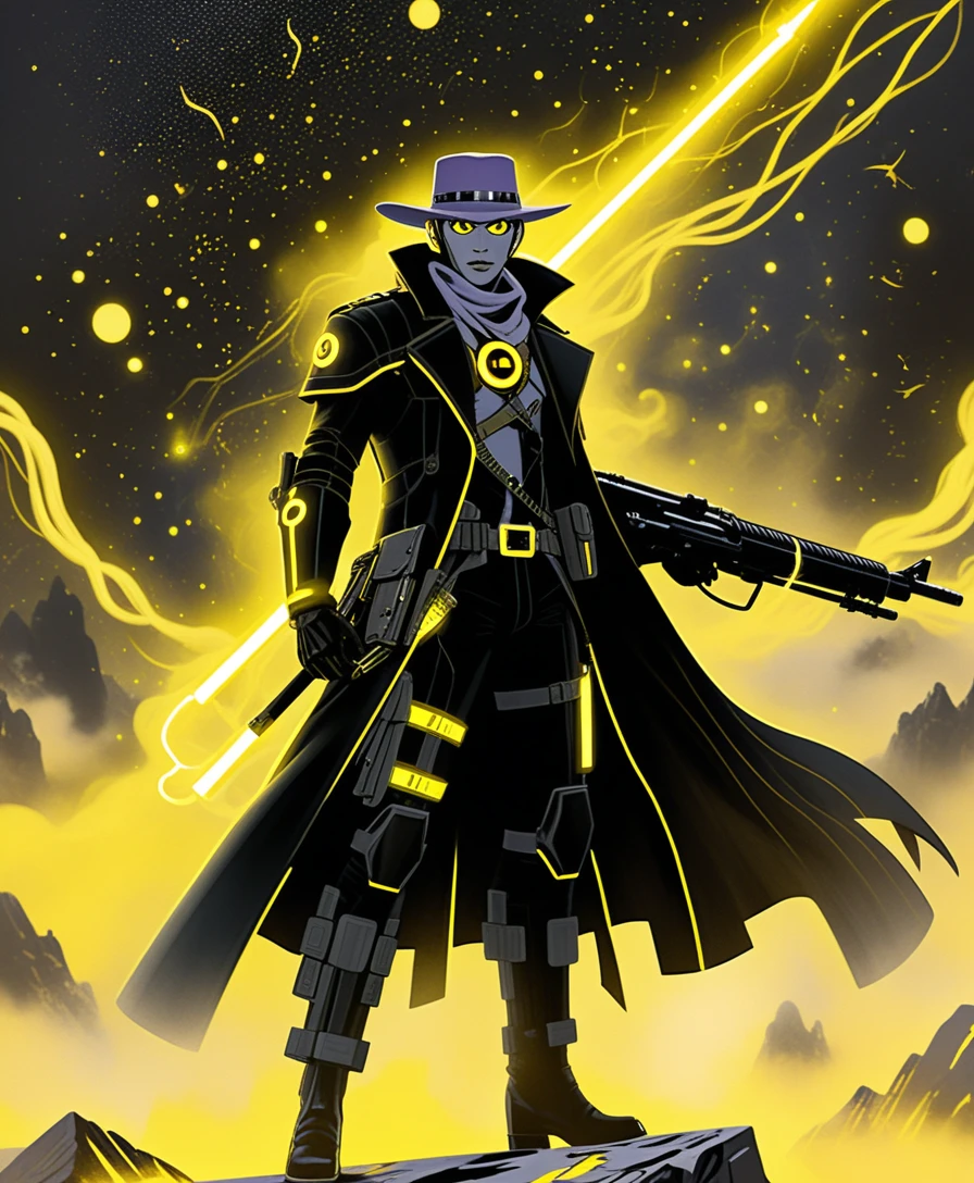 Cybernetic sniper in black coat under cosmic yellow storm