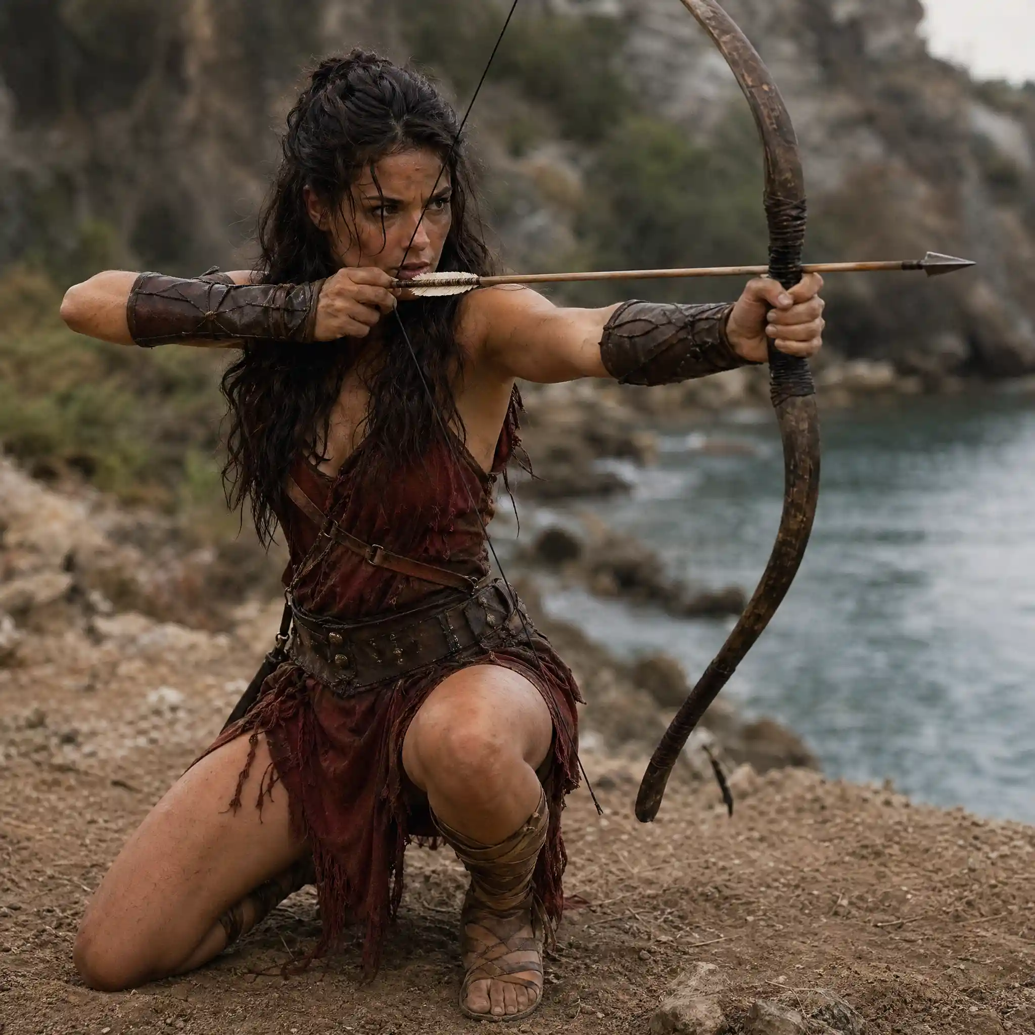 Kneeling warrior woman aiming a bow in cinematic style